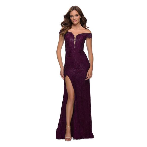 La Femme Women's Dark Berry 29693 Off The Shoulder High Slit DressSize 00 NWT